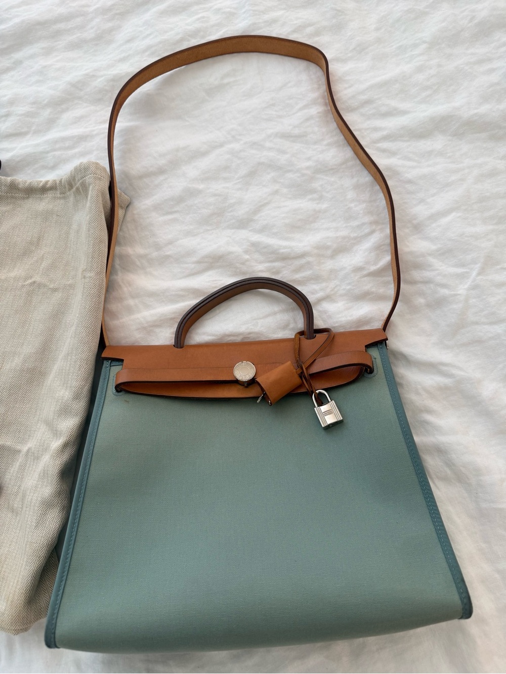 HERMES Herbag Zip 31 Hand Bag Canvas Leather 2way Green Palladium Authentic - Picture 2 of 16